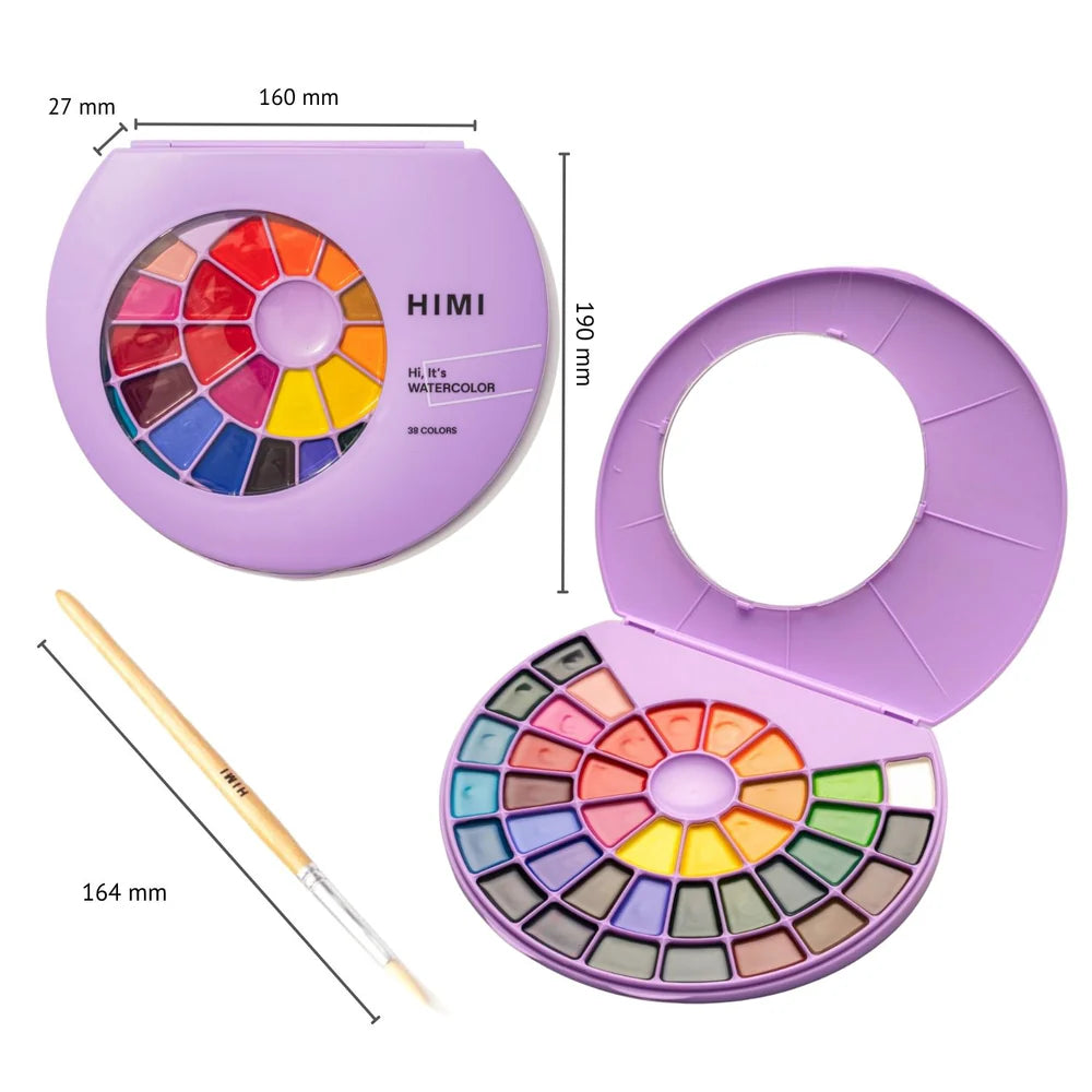 Set 38 Acuarelas Himi Semi Húmedas En Pastilla Estuche Lila Color 38 Colores