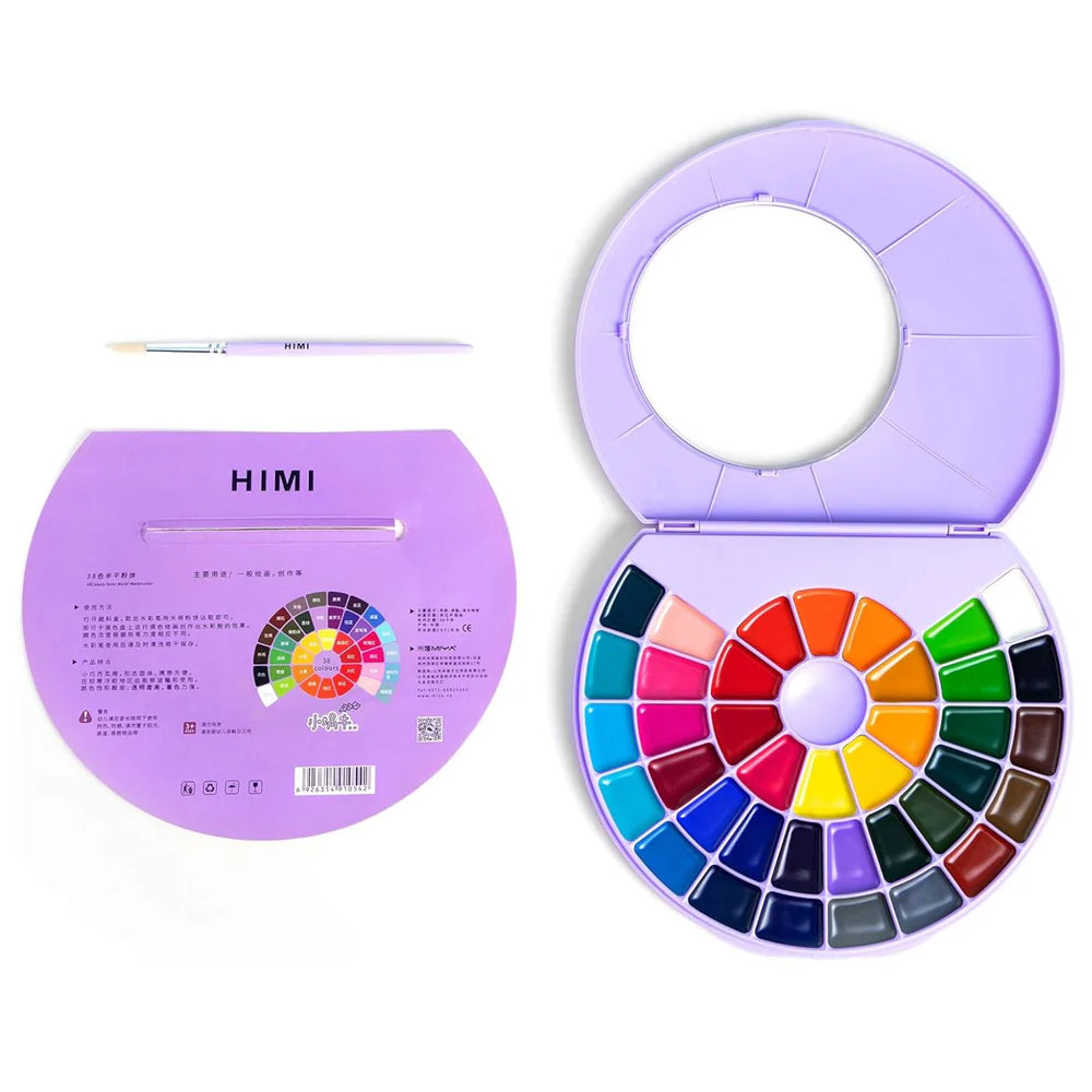 Set 38 Acuarelas Himi Semi Húmedas En Pastilla Estuche Lila Color 38 Colores