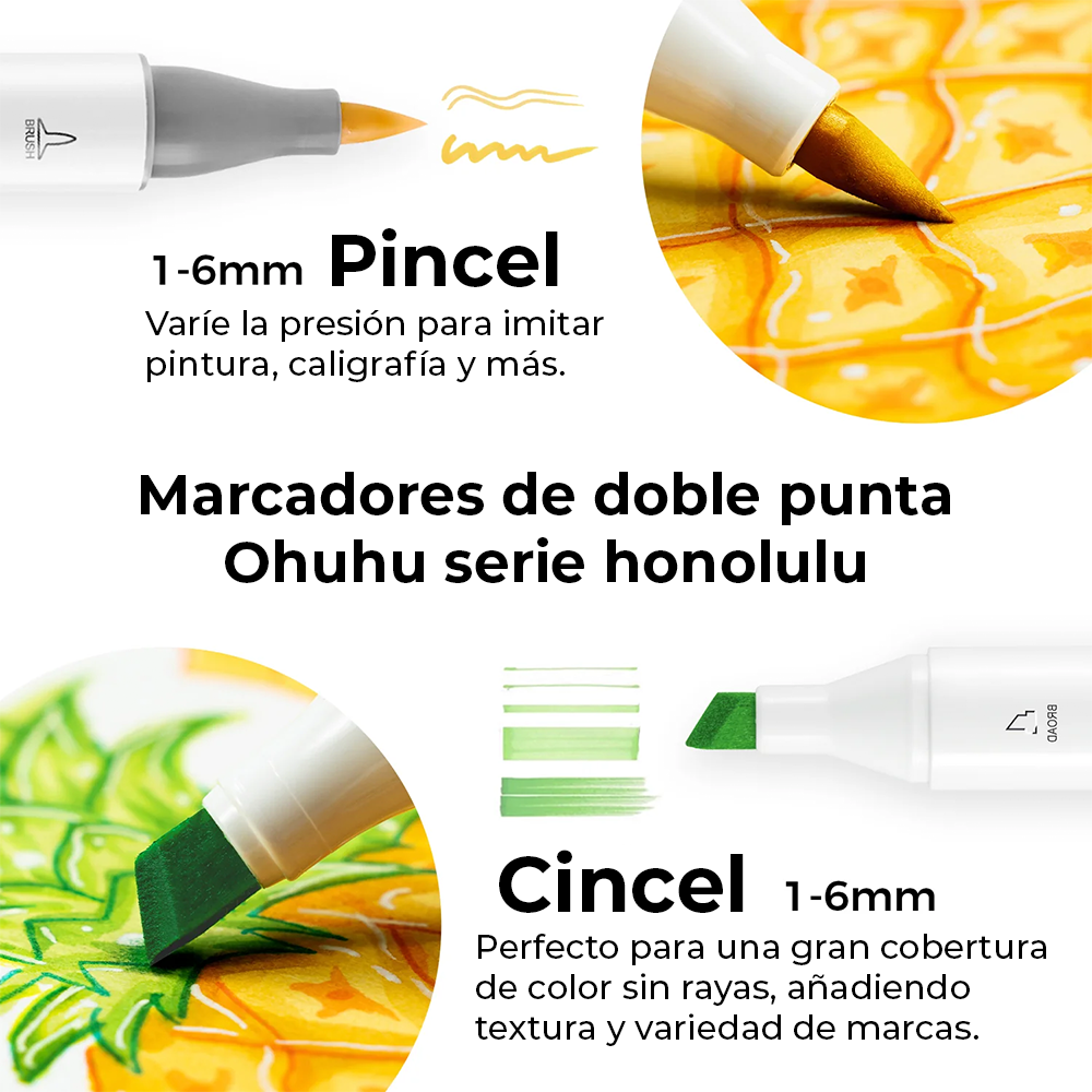 OHUHU HONOLULU MARCADORES BASE ALCOHOL DE DOBLE PUNTA 6 COLORES BÁSICOS