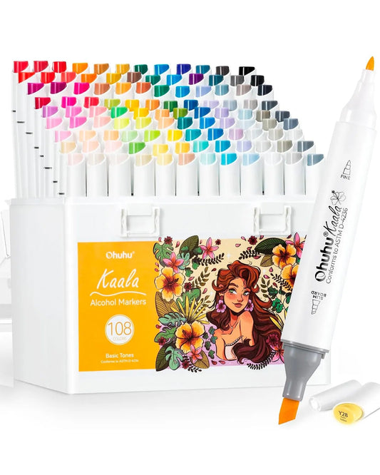 Ohuhu 108 Marcadores Alcohol Basicos Fina y Biselada fina