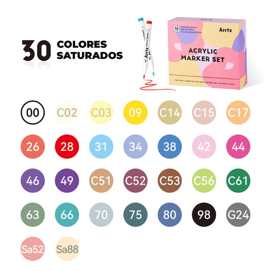 ARRTX MARCADORES ACRÍLICOS DE 30 COLORES VIBRANTES (PUNTA PINCEL)