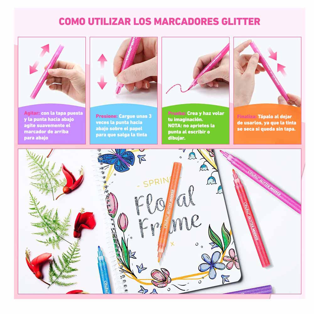 OHUHU 12 MARCADORES GLITTER METÁLICOS CON PURPURINA