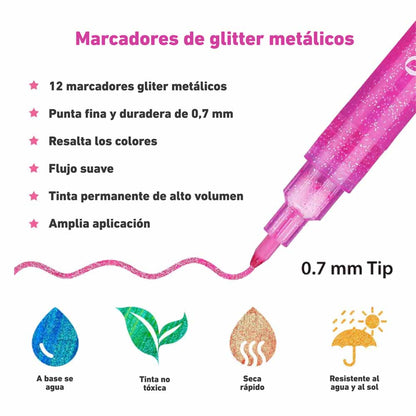 OHUHU 12 MARCADORES GLITTER METÁLICOS CON PURPURINA