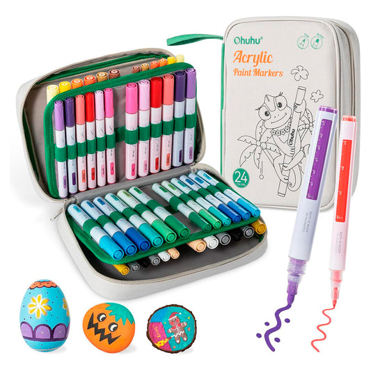 OHUHU 48 MARCADORES ACRÍLICOS 24 COLORES FINA Y REVERSIBLE (REDONDA Y BISELADA)