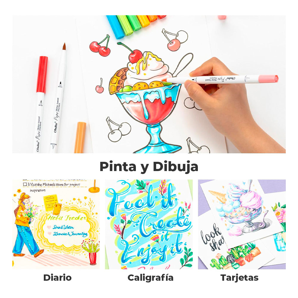 OHUHU 60 MARCADORES BASE DE AGUA (PAPER FRIENDLY) PINCEL Y TIRALINEAS
