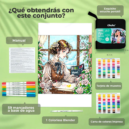 OHUHU 60 MARCADORES BASE DE AGUA (PAPER FRIENDLY) PINCEL Y TIRALINEAS