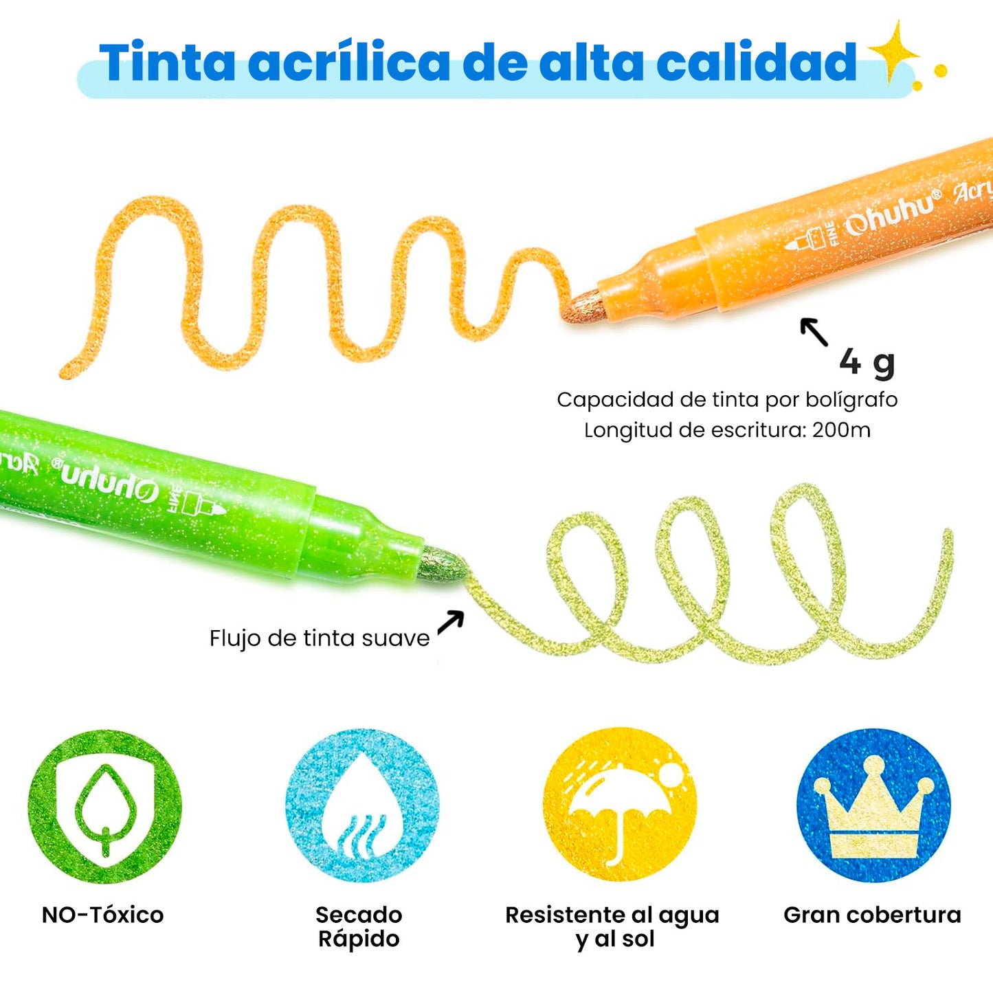 OHUHU 24 MARCADORES GLITTER METÁLICOS PURPURINA PUNTA 3,0MM