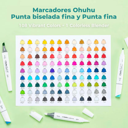 Ohuhu 108 Marcadores Alcohol Basicos Fina y Biselada fina